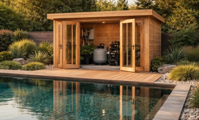 découvrez notre service de conception sur mesure d'un local technique piscine en bois, alliant esthétique et fonctionnalité pour protéger vos équipements.