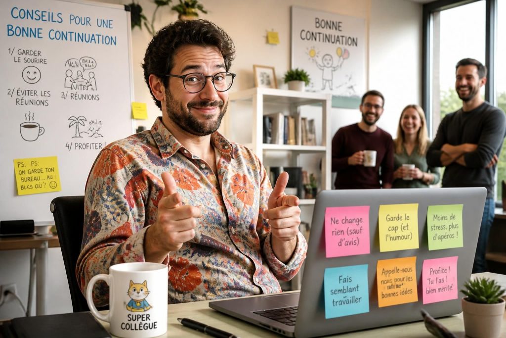 découvrez des astuces originales et humoristiques pour souhaiter une bonne continuation à un collègue inoubliable, accompagnées d'une image de départ pleine d'esprit.