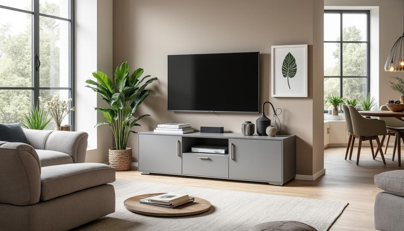 découvrez le meuble tv kikua de 130 cm en gris cendré, alliant design moderne et fonctionnalité. parfait pour tous les intérieurs, il apporte une touche d'élégance tout en restant accessible à tous les budgets. transformez votre salon avec ce meuble pratique et esthétique.