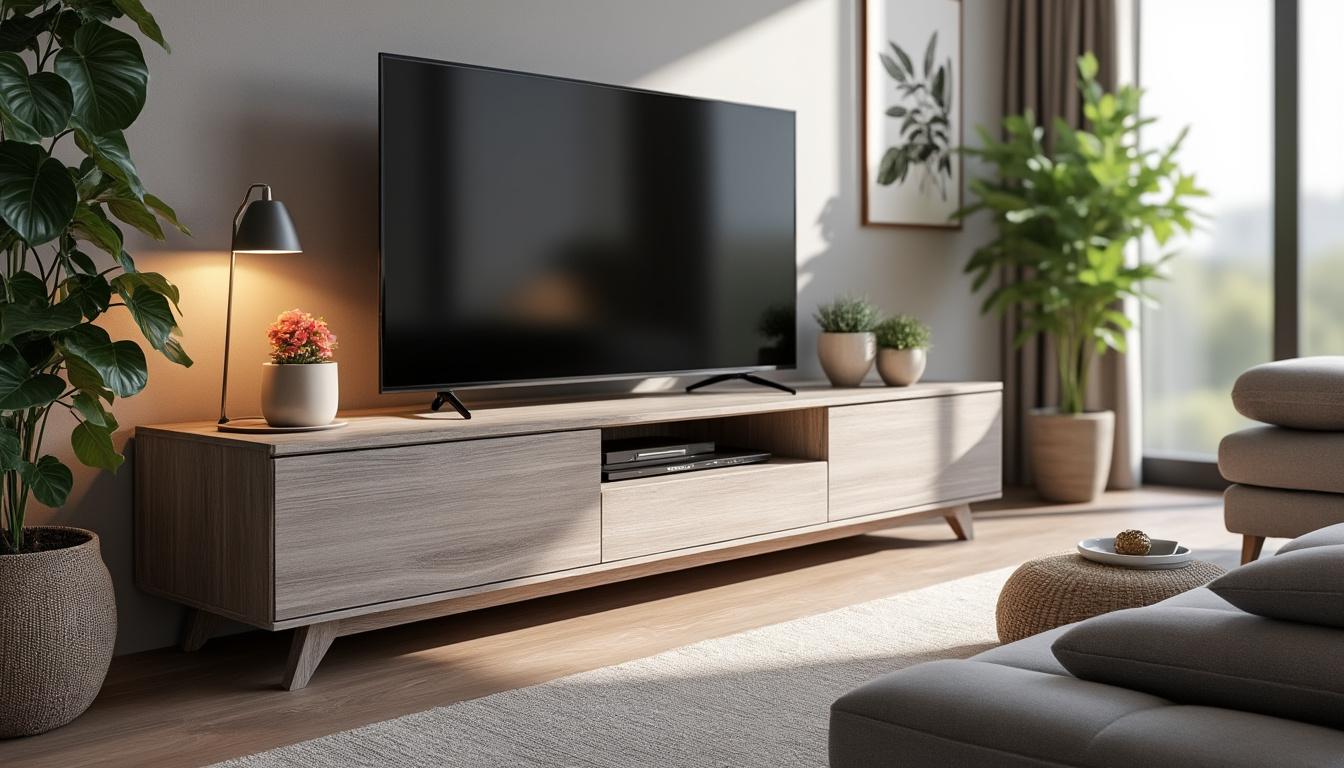 découvrez le meuble tv kikua de 130 cm en gris cendré, alliant design moderne et accessibilité. parfait pour apporter une touche contemporaine à votre intérieur tout en profitant d'un espace de rangement fonctionnel.
