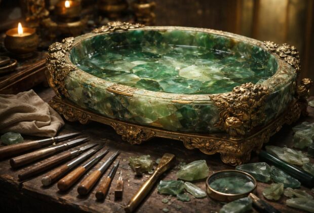 découvrez l'artisanat d'exception derrière l'autel du bassin de jade morcelé, une œuvre riche en histoire et en savoir-faire traditionnel.