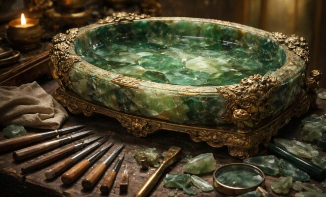 découvrez l'artisanat d'exception derrière l'autel du bassin de jade morcelé, une œuvre riche en histoire et en savoir-faire traditionnel.