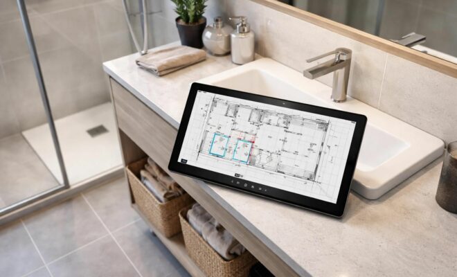 découvrez notre plan technique détaillé pour salle de bain, prêt à être consulté facilement sur votre tablette windows 10, pour une rénovation réussie et simplifiée.