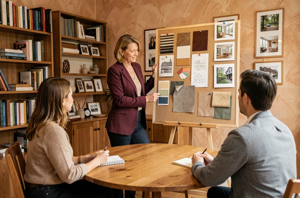 Décoratrice de A Décor présentant un tableau d'inspiration à des clients dans un bureau de conseil en décoration