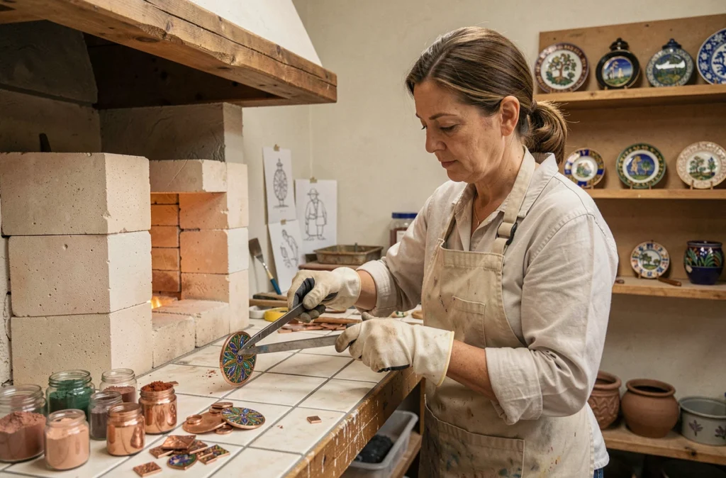 Anne de la Forge, émailleur d'art, plaçant une pièce en émail sur cuivre dans un four de cuisson dans son atelier