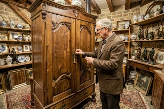 Antiquaire normand expertisant une armoire en chêne du XVIIIe siècle dans une boutique d'antiquités à Caen
