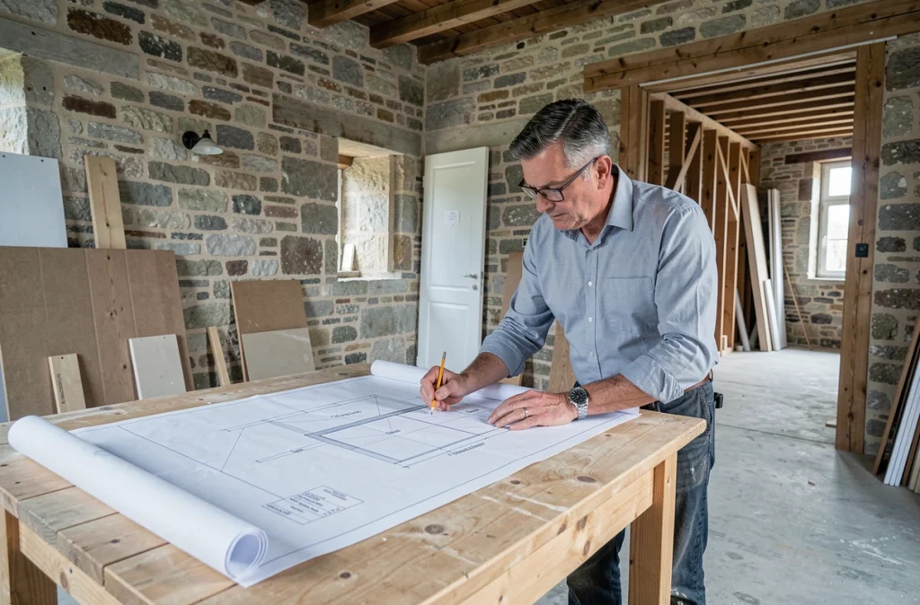Architecte d'Architectures Utiles étudiant des plans d'isolation dans un bâtiment patrimonial en rénovation en Gironde