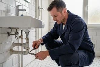 Artisan plombier inspectant une installation de salle de bain à Nantes, représentant un service artisan en un clic