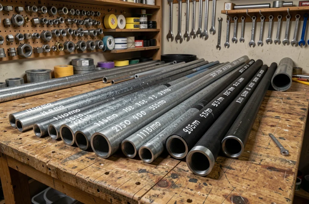 Assortiment de tuyaux en acier de différents diamètres pour eau potable et gaz disposés sur un établi d'atelier de plomberie