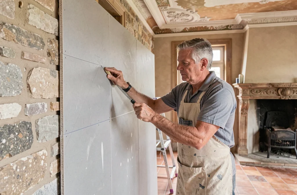 Artisan de Biccheri Renovation posant des plaques d'isolation intérieure dans une maison ancienne de Gironde