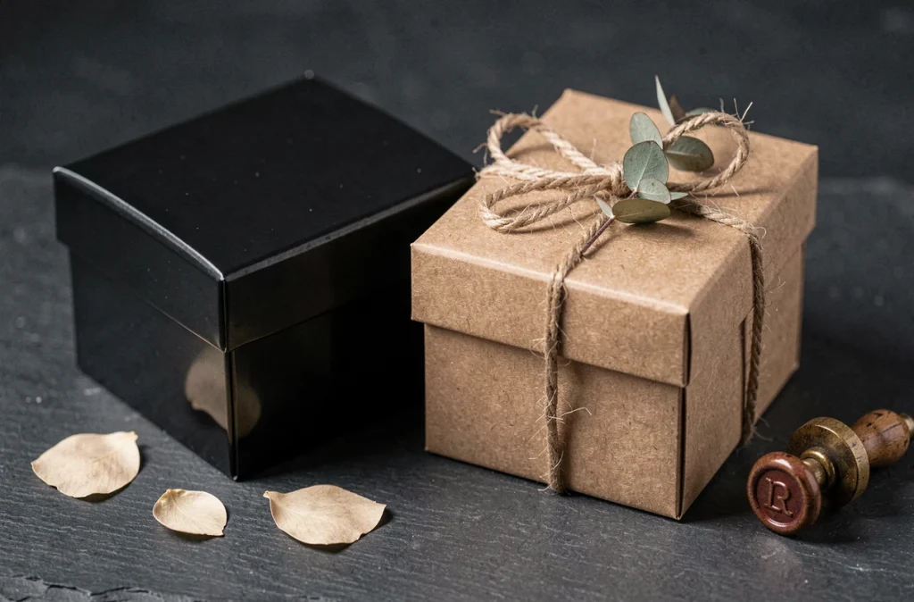 Comparatif de boîtes cadeaux sans ruban et avec ruban en ficelle naturelle sur ardoise noire