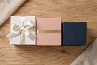 Boîtes à cadeaux vides avec et sans ruban posées sur une table en bois, comparaison de styles d'emballage