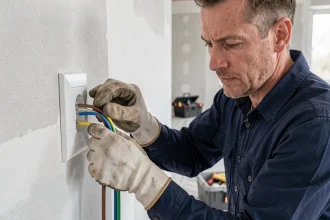 Électricien branchant une prise 3 fils marron bleu vert-jaune dans un appartement en rénovation