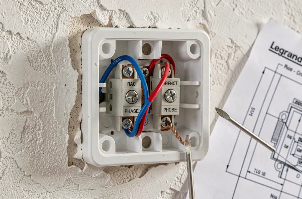Gros plan sur le câblage interne d'un bouton poussoir Legrand ouvert avec fils rouge et bleu visibles sur bornes à vis