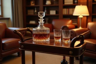 Carafe en cristal de whisky sur un chariot de service en acajou avec verres et seau à glace dans un salon élégant