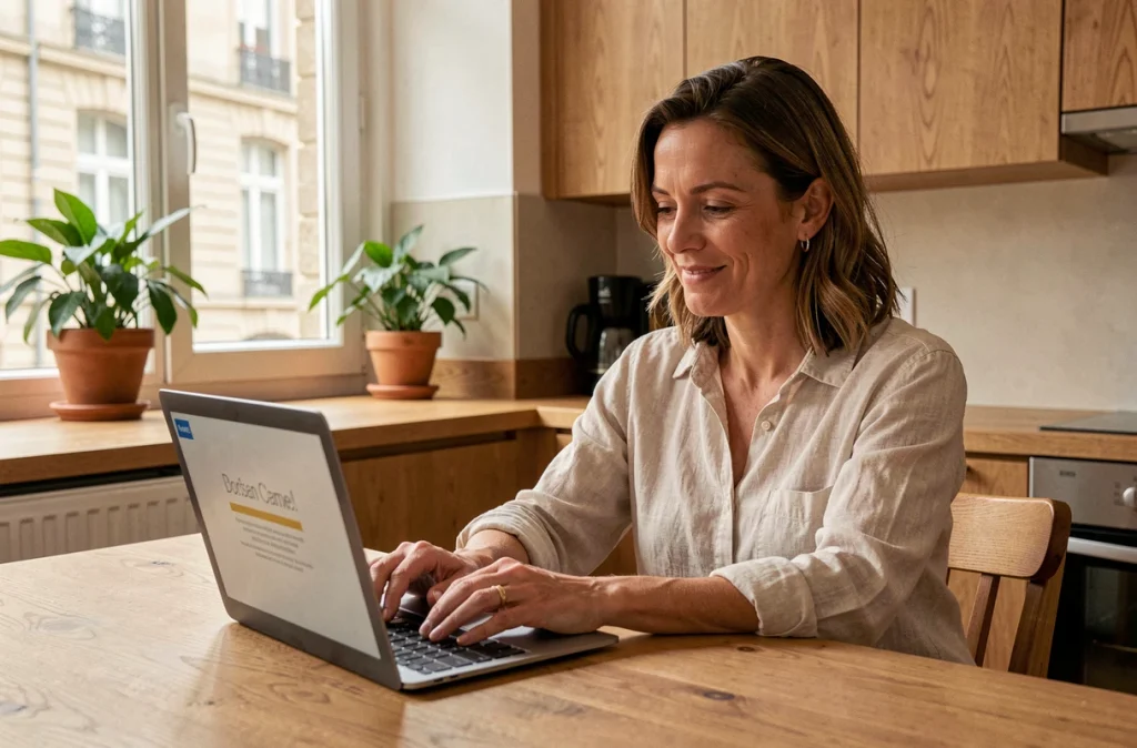 Cliente satisfaite consultant les avis en ligne sur artisan-en-1-clic.fr depuis son domicile à Nantes
