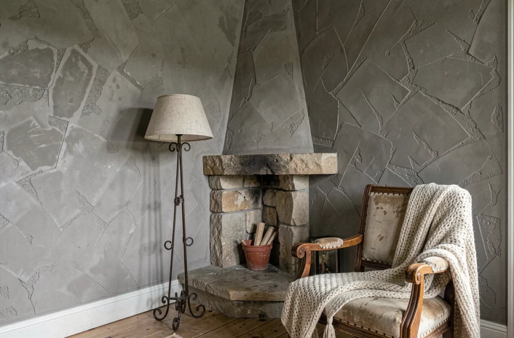 Coin salon rustique avec murs en crépi gris-taupe, cheminée en pierre et fauteuil en bois ancien sous lampadaire en fer forgé