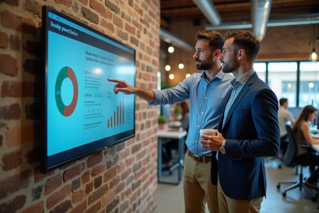 Deux collègues masculins discutant devant un écran digital affichant des données d'entreprise dans un espace collaboratif de bureau moderne