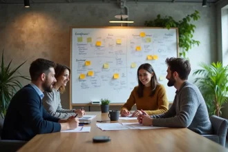 Équipe de collaborateurs en réunion informelle autour d'un tableau blanc dans un bureau moderne, illustrant la communication interne en entreprise