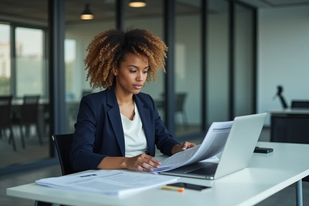 Employée consultant des supports de communication interne sur son bureau avec un intranet d'entreprise ouvert sur son ordinateur portable