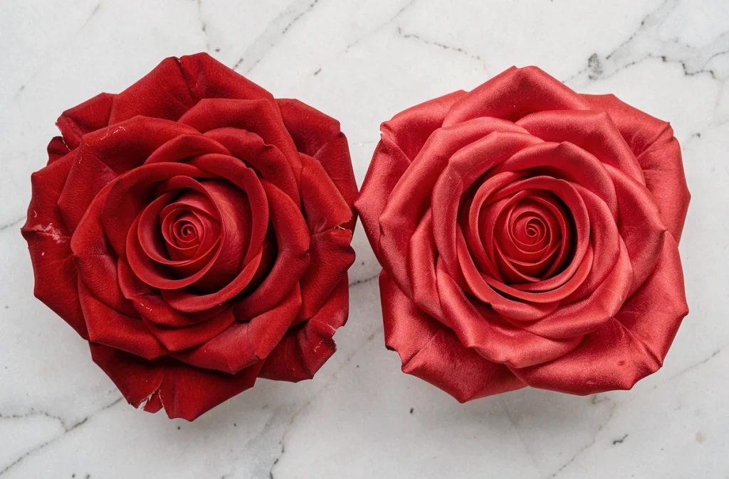 Comparaison côte à côte d'une vraie rose et d'une rose artificielle sur marbre blanc, détails des pétales révélant les différences de matière et d'authenticité