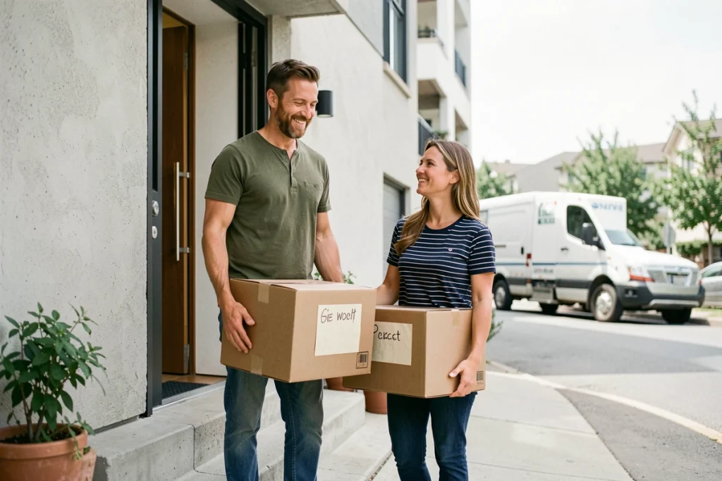 Couple portant des cartons étiquetés à l'entrée d'un immeuble lors d'un déménagement organisé