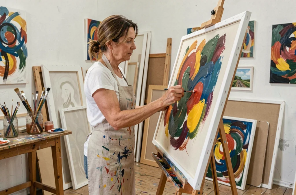 Artiste peintre de CREATABLEAUX au travail sur une grande toile dans son atelier créatif