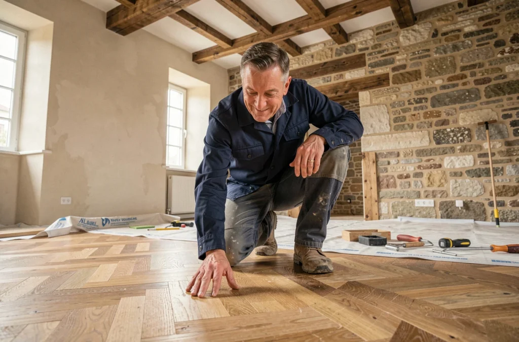 Artisan rénovateur de David Hay Rénovation de l'Habitat inspectant un parquet en chêne dans une maison ancienne restaurée