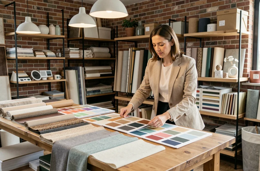 Décoratrice d'intérieur de DC.DéCo examinant des échantillons de matières et palettes de couleurs dans son atelier