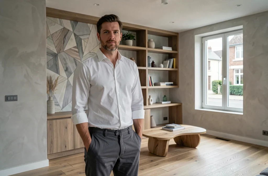Designer de Deltadeco devant un salon rénové avec papier peint géométrique et étagères sur mesure