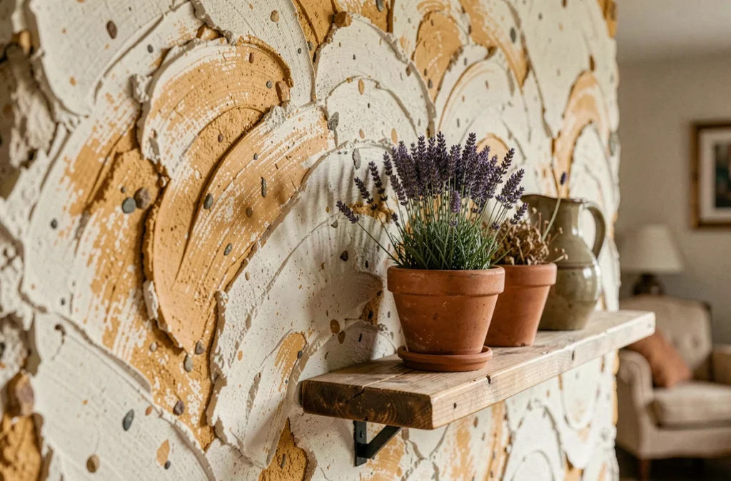 Gros plan sur un mur en crépi intérieur traditionnel avec étagère en bois et poteries en terre cuite dans un salon rustique