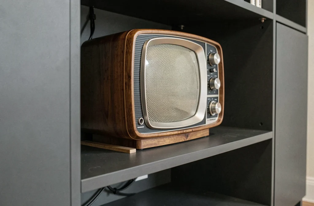 Gros plan sur une télévision vintage en bois intégrée dans un meuble TV sur mesure contemporain avec gestion des câbles et contraste de matières