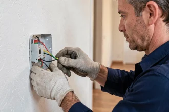 Électricien amateur câblant un interrupteur va-et-vient Legrand sur un mur blanc dans un couloir résidentiel moderne