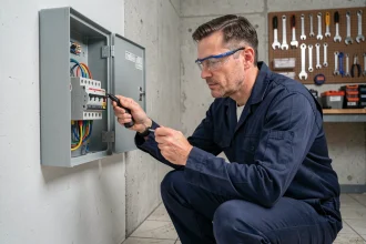 Électricien professionnel inspectant un tableau électrique triphasé conforme à la norme NF C 15-100 dans un atelier de bricolage