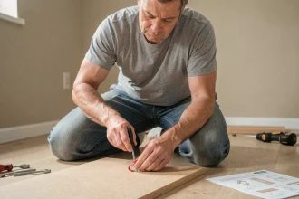 Homme utilisant un élastique pour dévisser une vis foirée sur un meuble en aggloméré Ikea