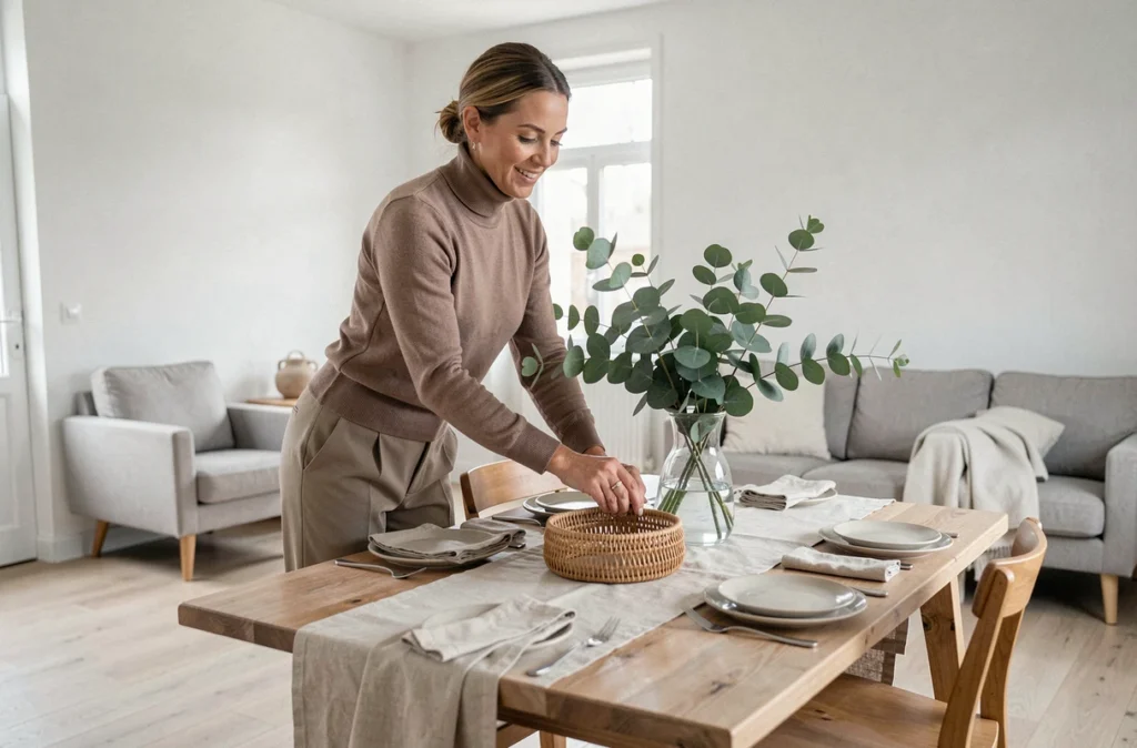 Spécialiste en home staging arrangeant une table dressée dans une maison mise en vente dans l'Oise