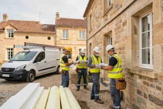 Équipe de professionnels de l'isolation travaillant sur une maison en Gironde, vue grand angle sur le chantier