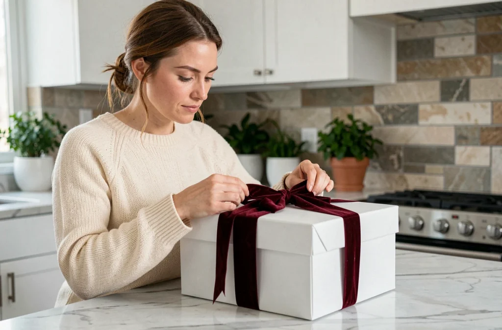 Femme attachant un ruban en velours bordeaux sur une boîte cadeau blanche dans une cuisine moderne