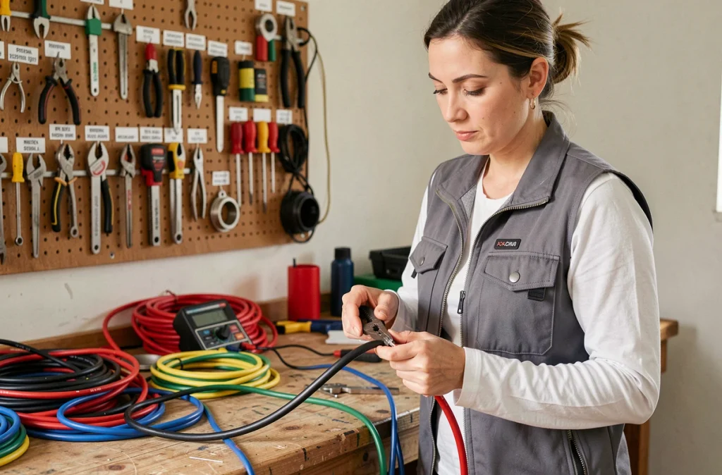 Femme bricoleur préparant un câble triphasé sur un établi dans un atelier d'électricité conforme aux normes NF C 15-100