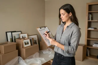 Femme consultant une checklist de déménagement dans un salon partiellement emballé avec des cartons et du papier bulle