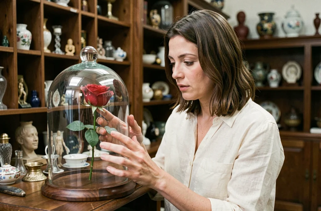 Femme examinant une rose sous cloche dans une boutique d'antiquités, questionnant l'authenticité de la rose inspirée de La Belle et la Bête