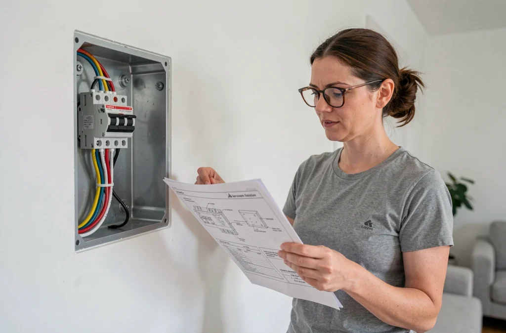 Femme consultant un guide de câblage devant un tableau électrique avec interrupteur va-et-vient Legrand dans un salon
