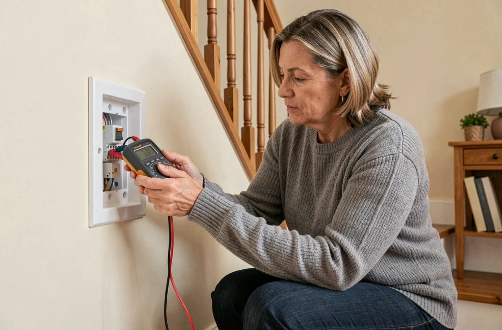 Femme utilisant un multimètre numérique pour vérifier un bouton poussoir Legrand dans un escalier de maison familiale
