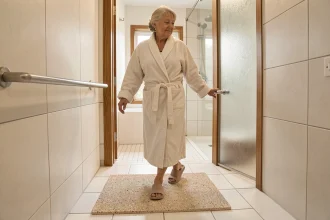Femme senior posant le pied sur un tapis antidérapant en pierre de diatomite dans une salle de bain moderne