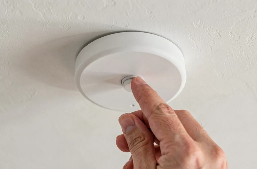 Gros plan d'une main appuyant sur le bouton silence d'un détecteur de fumée blanc au plafond