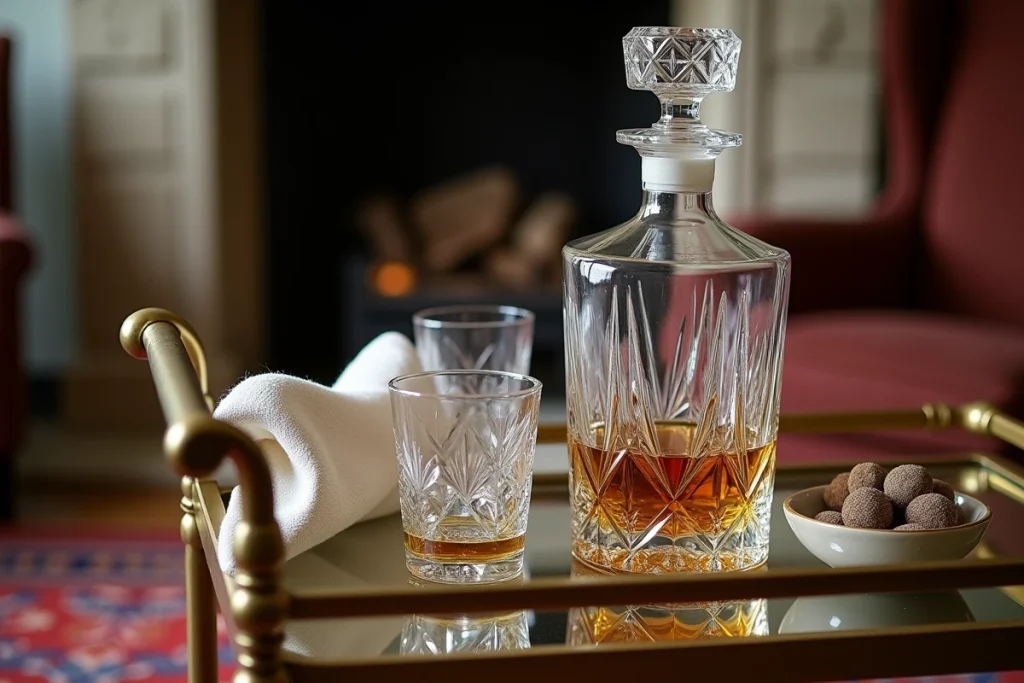 Gros plan d'une carafe à whisky en cristal taillé sur un chariot bar vintage en laiton avec verres gravés et pierres à whisky