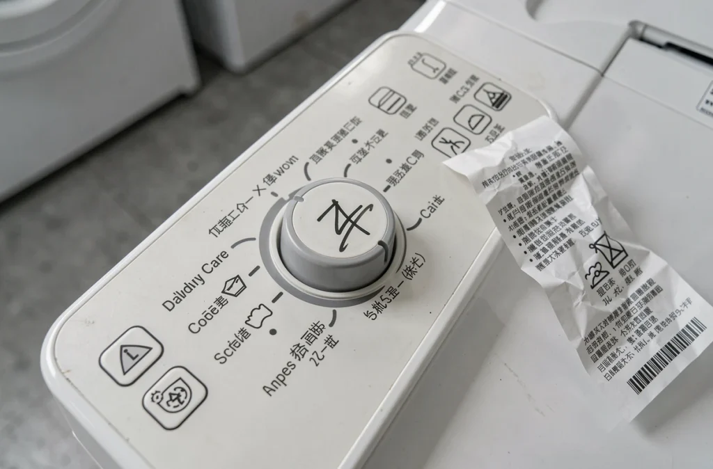 Gros plan sur les symboles de lavage méconnus du tableau de bord d'une machine à laver avec étiquette textile posée à côté