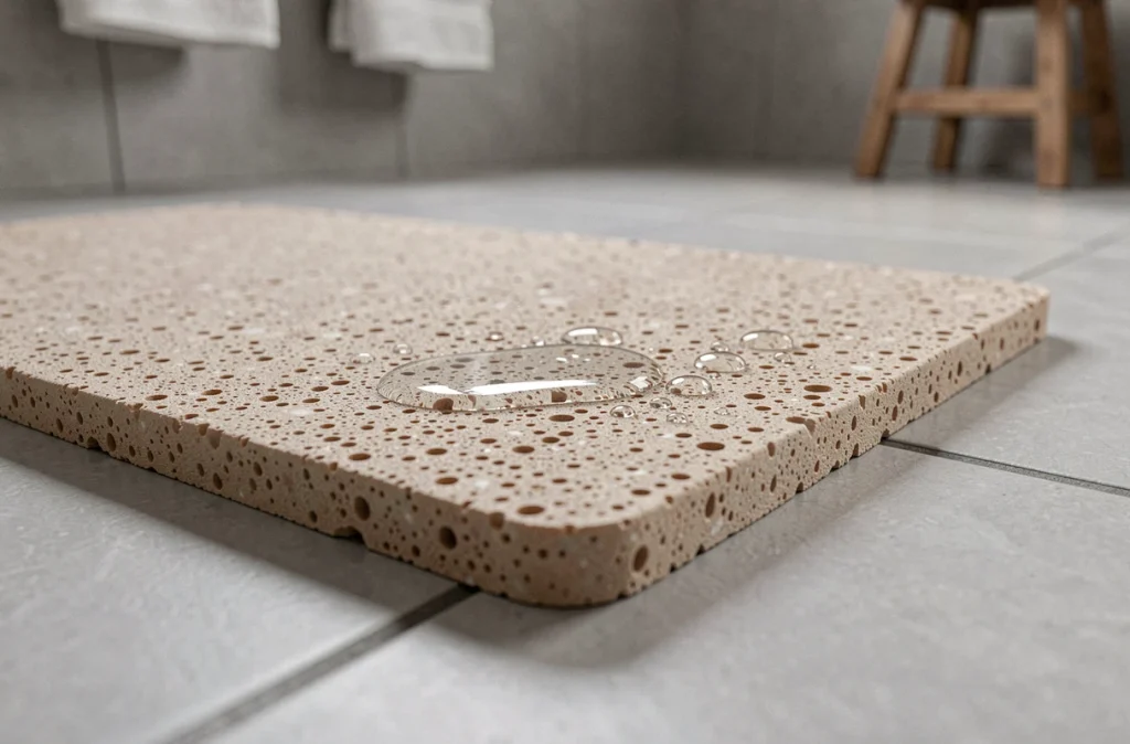 Gros plan sur la texture poreuse d'un tapis en pierre de diatomite avec des gouttes d'eau absorbées