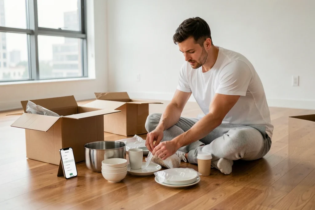Homme déballant des affaires dans un nouvel appartement vide avec une checklist de déménagement sur smartphone