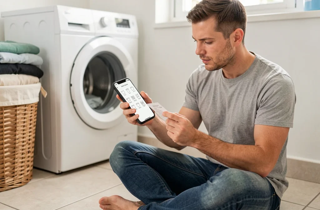 Homme consultant une application de référence des symboles de lavage sur smartphone pour identifier une icône inconnue sur une étiquette de vêtement